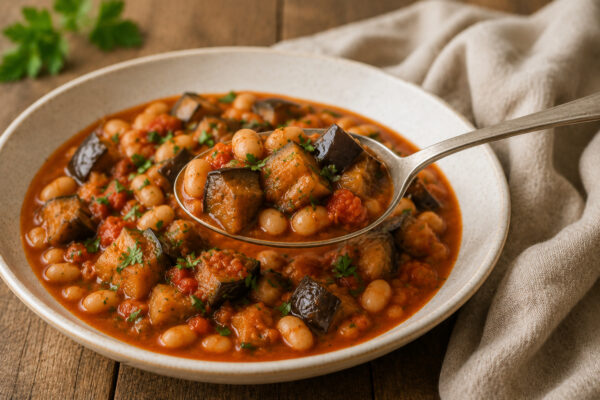 Servierdetail des fertigen Auberginen-Tomaten-Eintopfs; ein Löffel hebt Aubergine, weiße Bohnen und Tomatensauce aus der Schale.