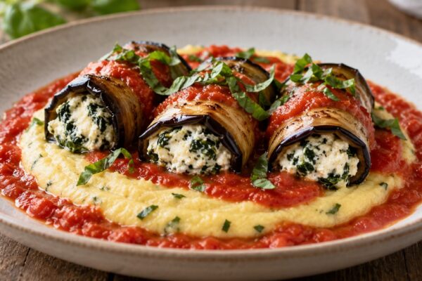 Auberginenröllchen mit Ricotta auf Kräuterpolenta: Fertiges Gericht als Hauptmotiv.