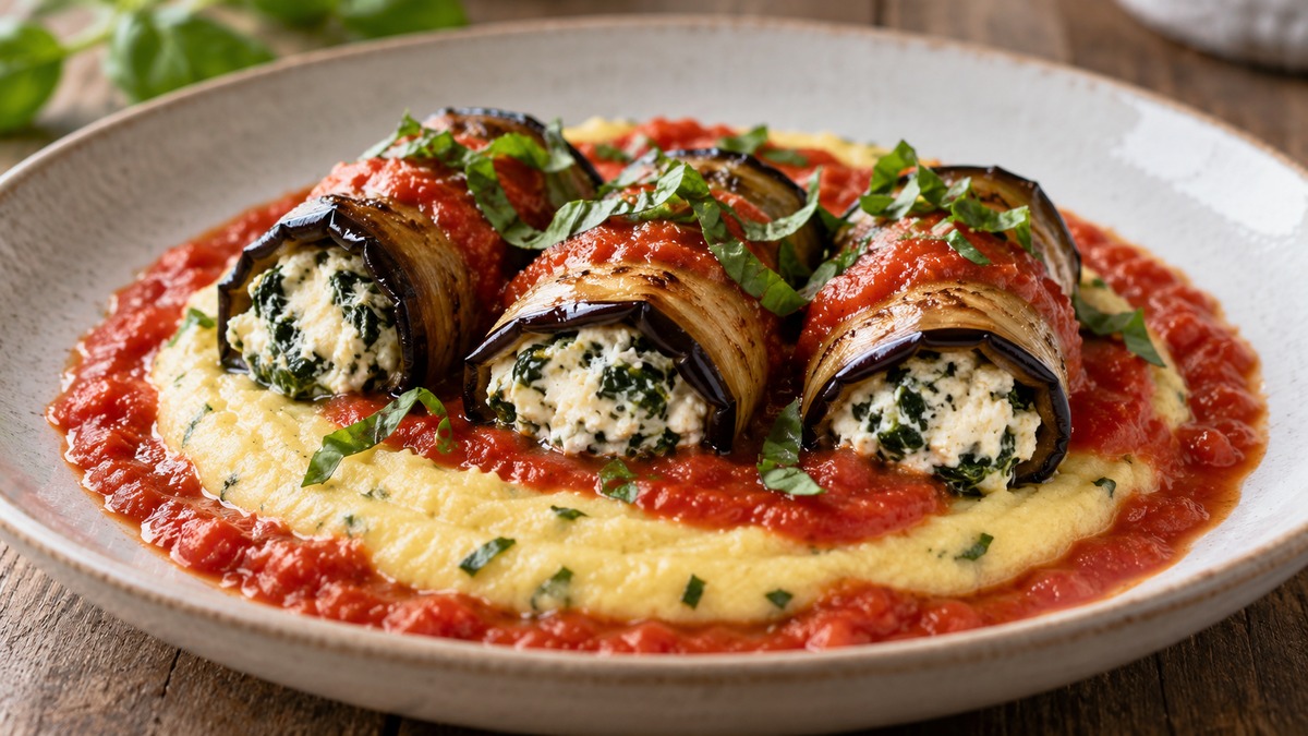 Auberginenröllchen mit Ricotta auf Kräuterpolenta: Fertiges Gericht als Hauptmotiv.