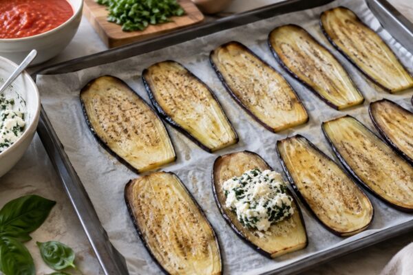 Auberginenröllchen mit Ricotta auf Kräuterpolenta: Zutaten und realer Vorbereitungsschritt.