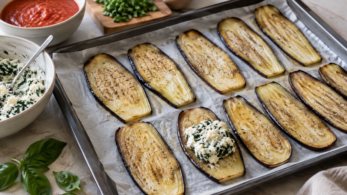 Auberginenröllchen mit Ricotta auf Kräuterpolenta: Zutaten und realer Vorbereitungsschritt.