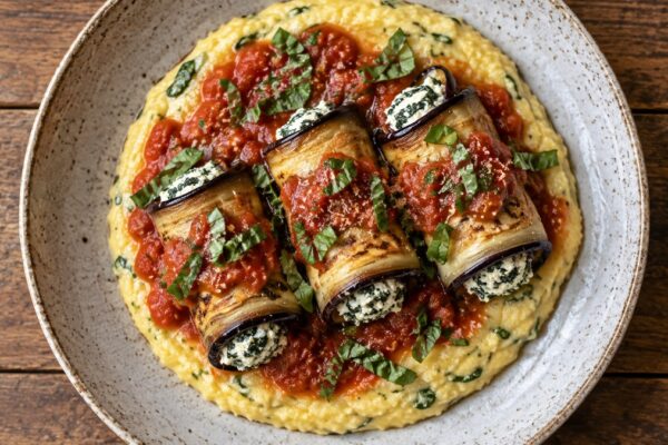 Auberginenröllchen mit Ricotta auf Kräuterpolenta: Fertiges Gericht aus anderer Perspektive.