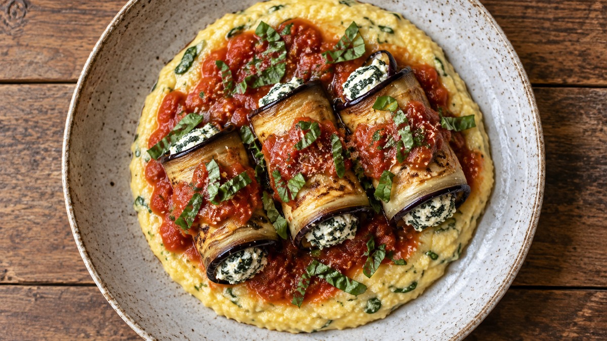 Auberginenröllchen mit Ricotta auf Kräuterpolenta: Fertiges Gericht aus anderer Perspektive.