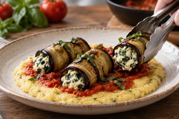 Auberginenröllchen mit Ricotta auf Kräuterpolenta: Aktive Anrichte- oder Servierszene.