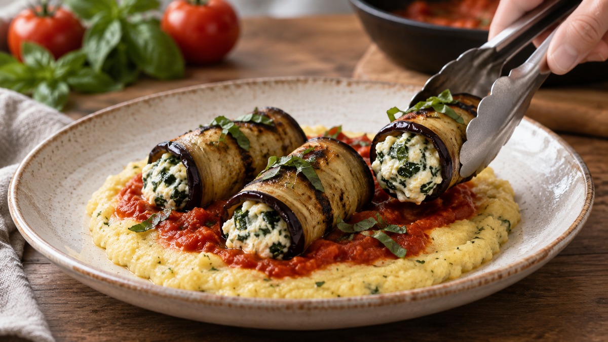 Auberginenröllchen mit Ricotta auf Kräuterpolenta: Aktive Anrichte- oder Servierszene.