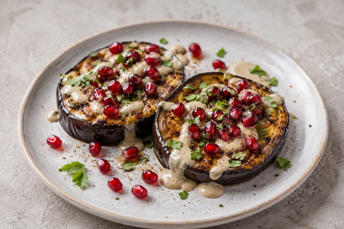 Zwei große geröstete Auberginensteaks mit reichlich Tahini-Sauce und Granatapfelkernen.