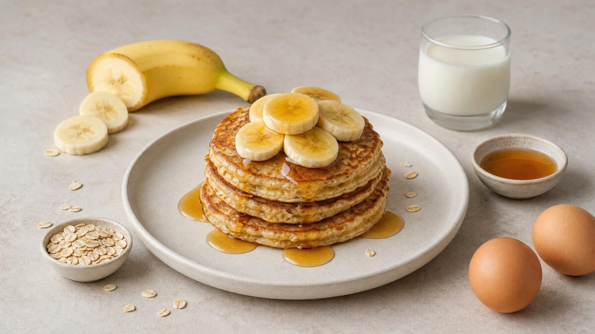 Hauptansicht des fertigen Gerichts. Rezept: Bananen-Hafer-Pancakes mit Ahornsirup