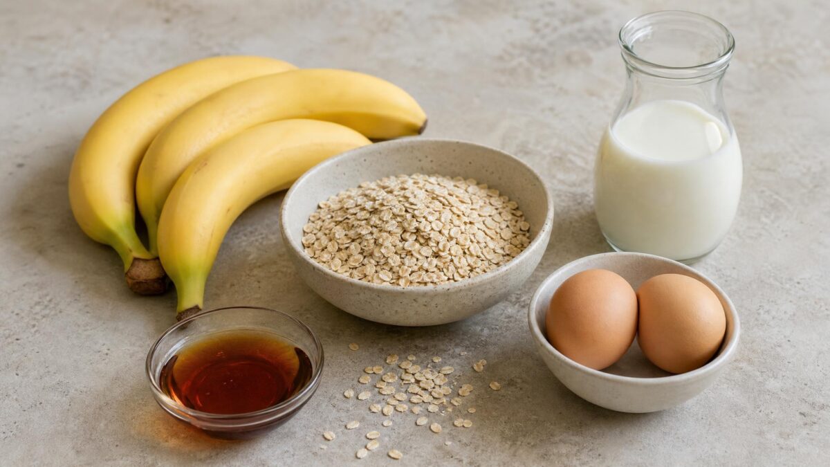Zutaten- und Vorbereitungsansicht zum Rezept. Rezept: Bananen-Hafer-Pancakes mit Ahornsirup