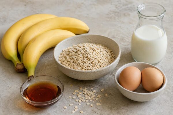 Zutaten- und Vorbereitungsansicht zum Rezept. Rezept: Bananen-Hafer-Pancakes mit Ahornsirup