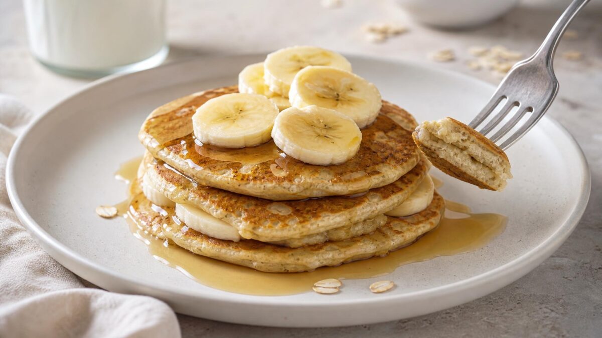 Servierszene mit dem fertigen Gericht. Rezept: Bananen-Hafer-Pancakes mit Ahornsirup