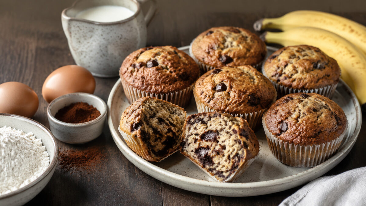 Hauptansicht des fertigen Gerichts. Rezept: Bananen-Schoko-Muffins