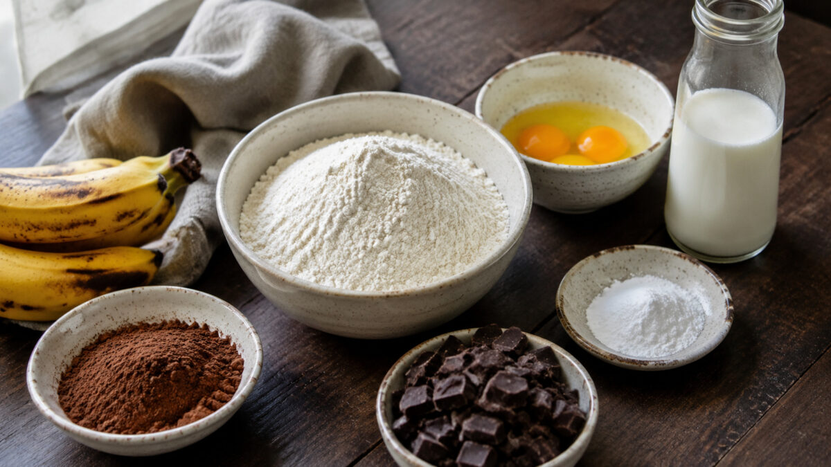 Zutaten- und Vorbereitungsansicht. Rezept: Bananen-Schoko-Muffins