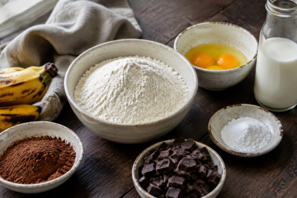 Zutaten- und Vorbereitungsansicht. Rezept: Bananen-Schoko-Muffins