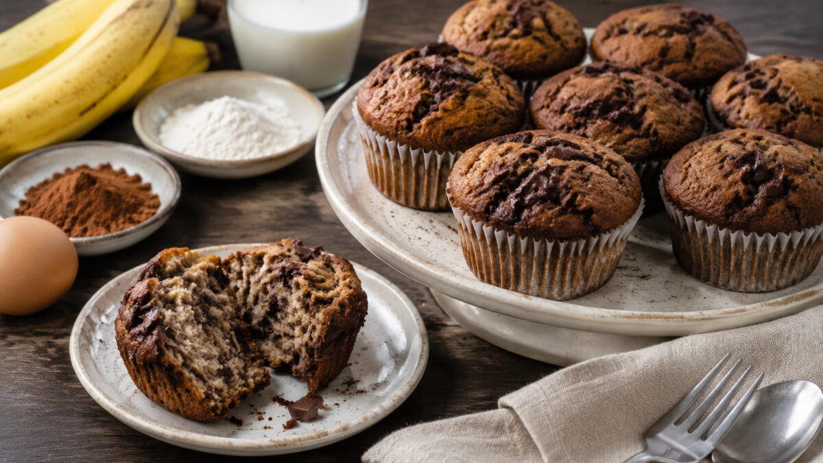 Servierszene mit dem fertigen Gericht. Rezept: Bananen-Schoko-Muffins