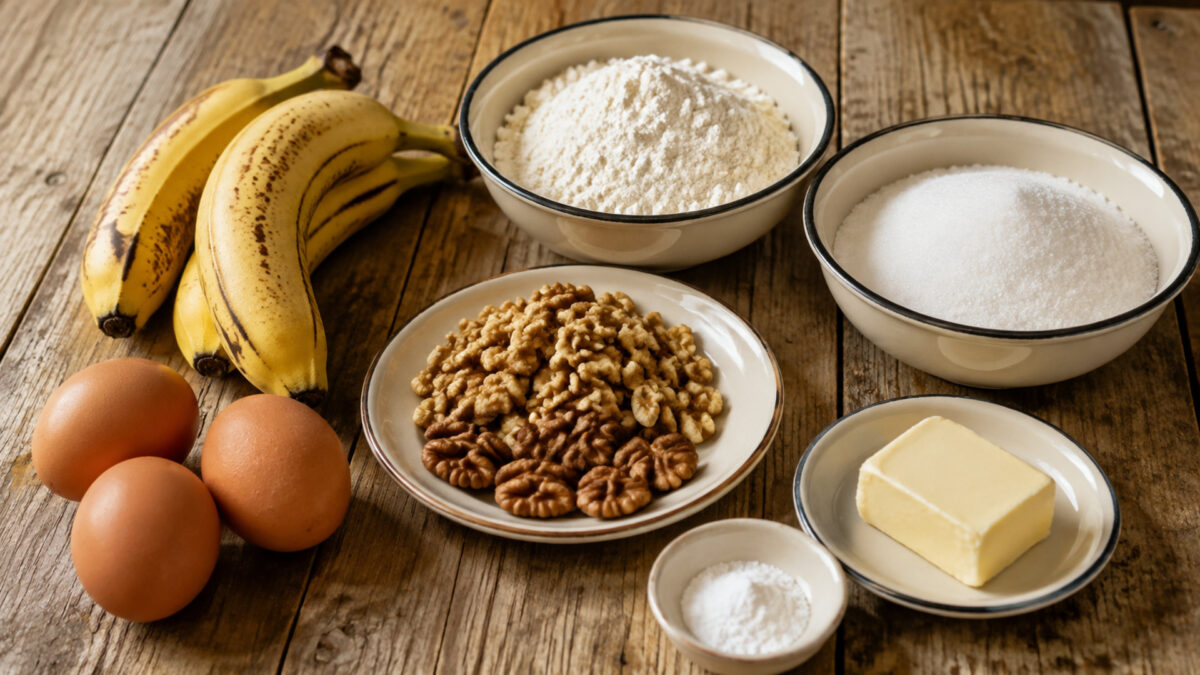Zutaten- und Vorbereitungsansicht. Rezept: Bananenbrot mit Walnüssen