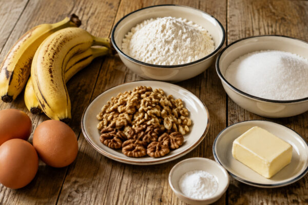 Zutaten- und Vorbereitungsansicht. Rezept: Bananenbrot mit Walnüssen
