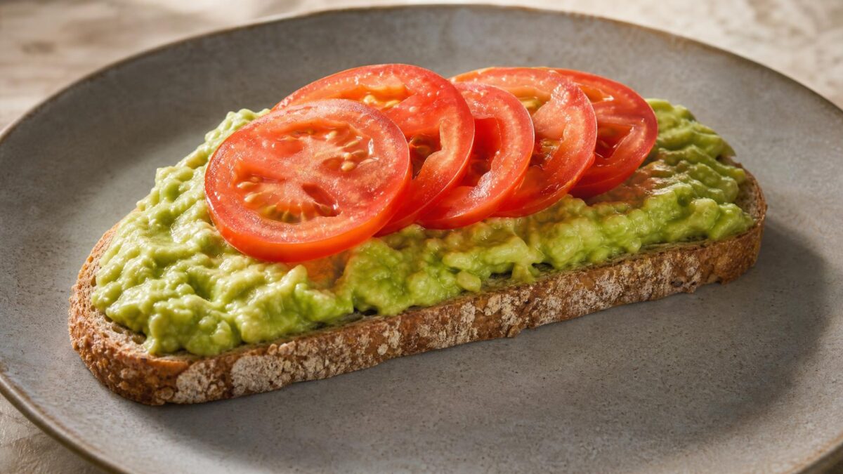 Hauptansicht des fertigen Gerichts. Rezept: Bauernbrot mit Avocado und Tomate