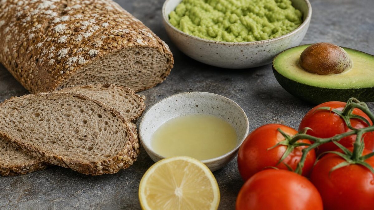 Zutaten- und Vorbereitungsansicht. Rezept: Bauernbrot mit Avocado und Tomate