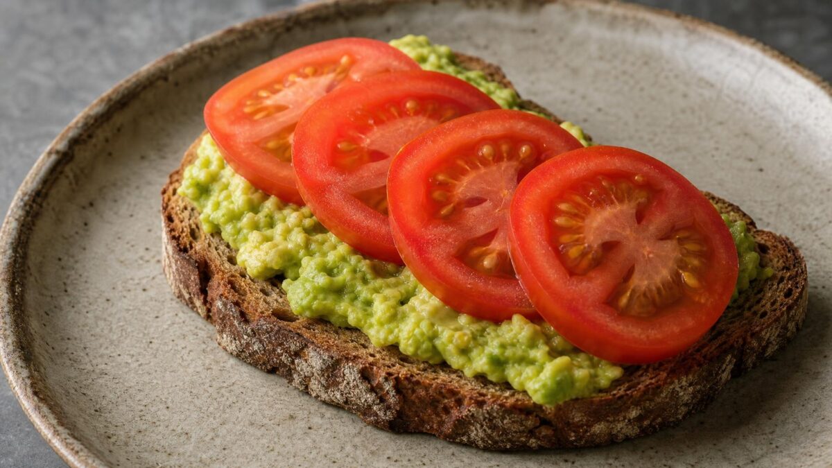 Fertiges Gericht aus einer alternativen Perspektive. Rezept: Bauernbrot mit Avocado und Tomate