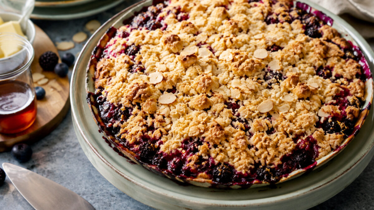 Hauptansicht des fertigen Gerichts. Rezept: Beeren-Crumble mit Mandelstreuseln