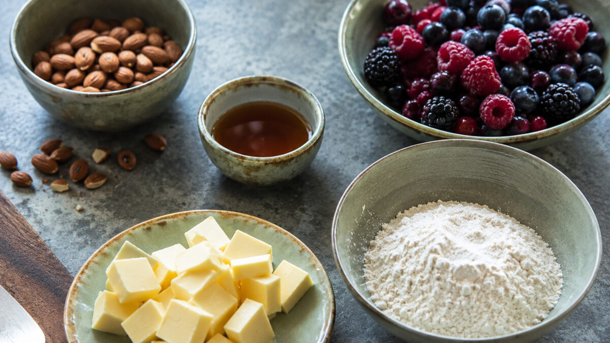 Zutaten- und Vorbereitungsansicht. Rezept: Beeren-Crumble mit Mandelstreuseln