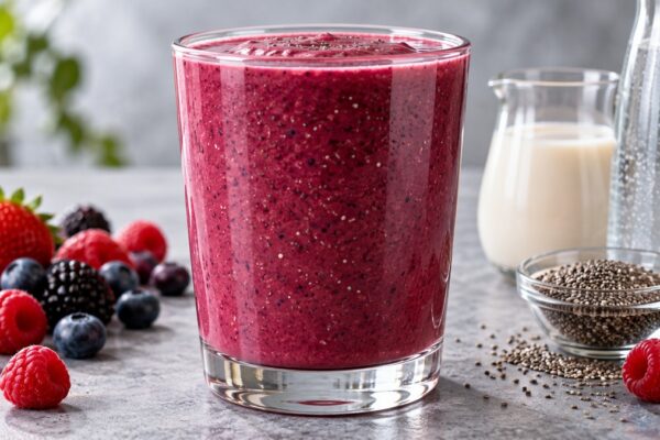 Beeren-Mandel-Smoothie: Fertiges Getränk als zentrales Hauptmotiv.