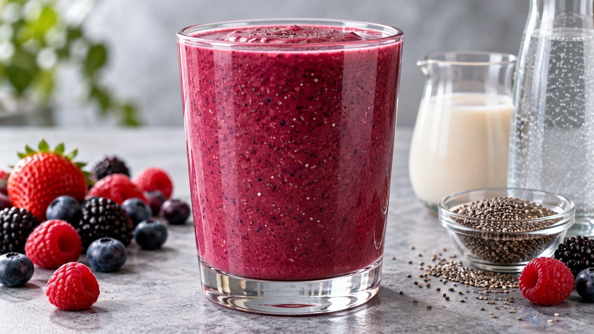 Beeren-Mandel-Smoothie: Fertiges Getränk als zentrales Hauptmotiv.