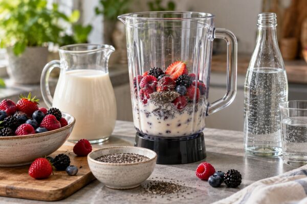 Beeren-Mandel-Smoothie: Verwendete Zutaten und nachvollziehbare Vorbereitung.
