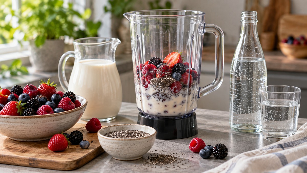 Beeren-Mandel-Smoothie: Verwendete Zutaten und nachvollziehbare Vorbereitung.