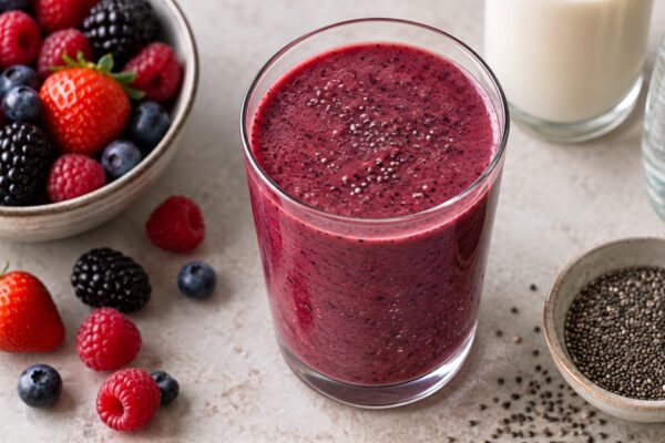 Beeren-Mandel-Smoothie: Fertiges Getränk aus einer alternativen Perspektive.