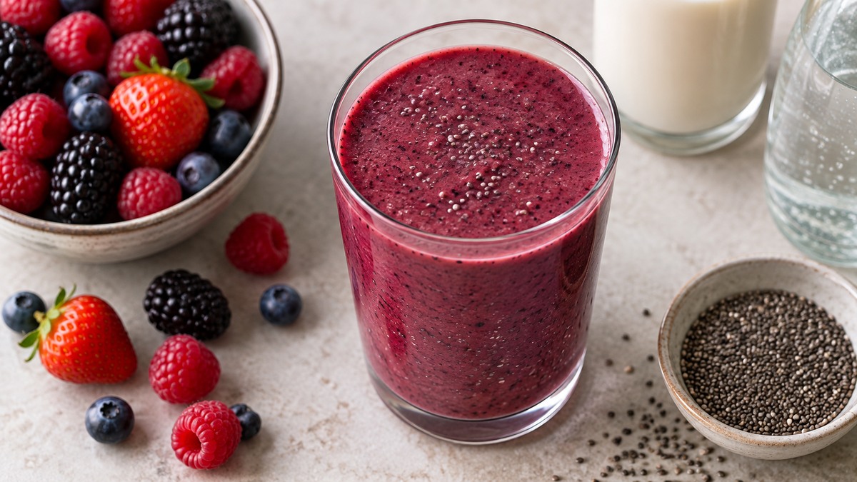 Beeren-Mandel-Smoothie: Fertiges Getränk aus einer alternativen Perspektive.