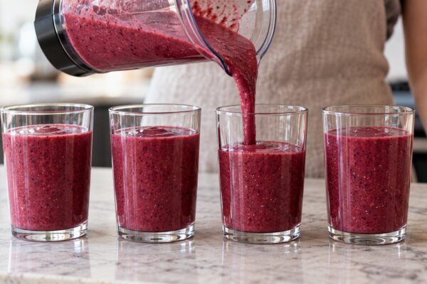 Beeren-Mandel-Smoothie: Alternative Anrichtung oder aktive Servierszene.