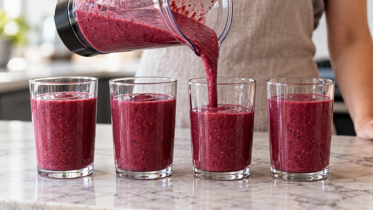 Beeren-Mandel-Smoothie: Alternative Anrichtung oder aktive Servierszene.