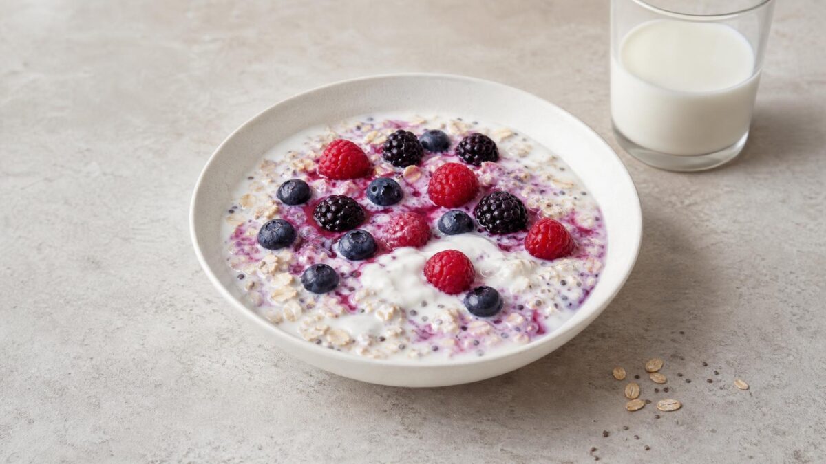 Hauptansicht des fertigen Gerichts. Rezept: Beeren-Overnight-Oats mit laktosefreiem Joghurt
