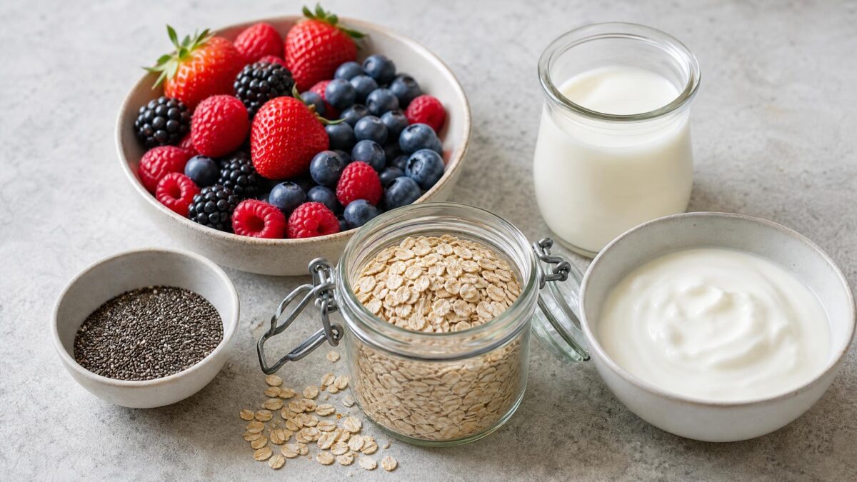 Zutaten- und Vorbereitungsansicht zum Rezept. Rezept: Beeren-Overnight-Oats mit laktosefreiem Joghurt
