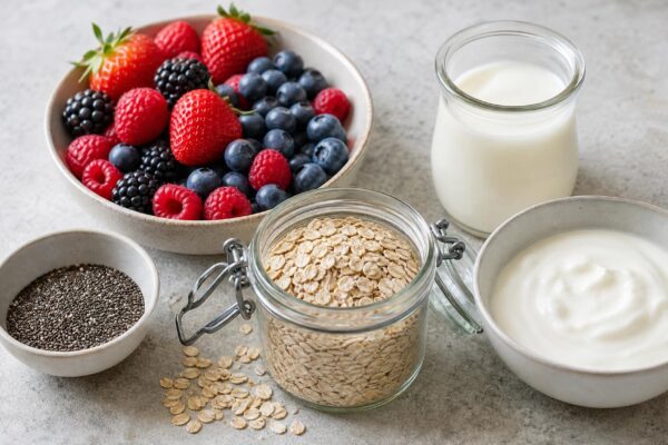 Zutaten- und Vorbereitungsansicht zum Rezept. Rezept: Beeren-Overnight-Oats mit laktosefreiem Joghurt