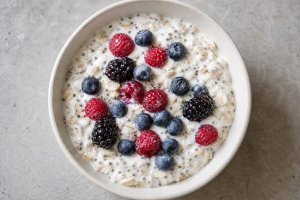 Fertiges Gericht aus einer alternativen Perspektive. Rezept: Beeren-Overnight-Oats mit laktosefreiem Joghurt