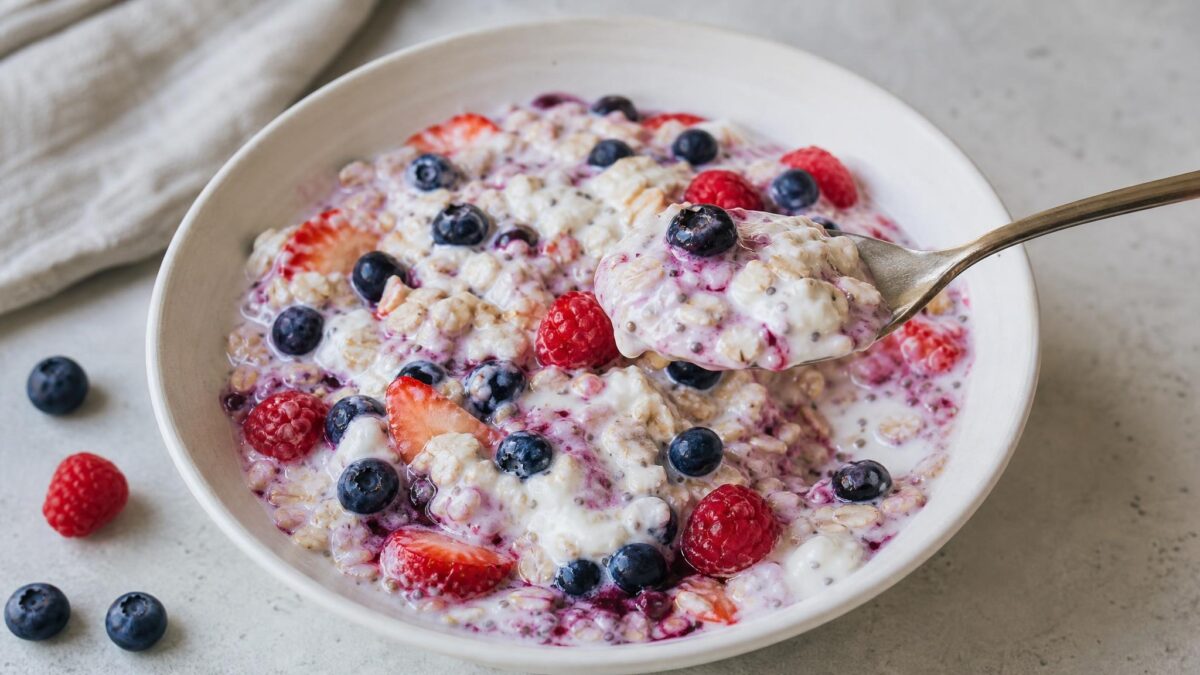 Servierszene mit dem fertigen Gericht. Rezept: Beeren-Overnight-Oats mit laktosefreiem Joghurt