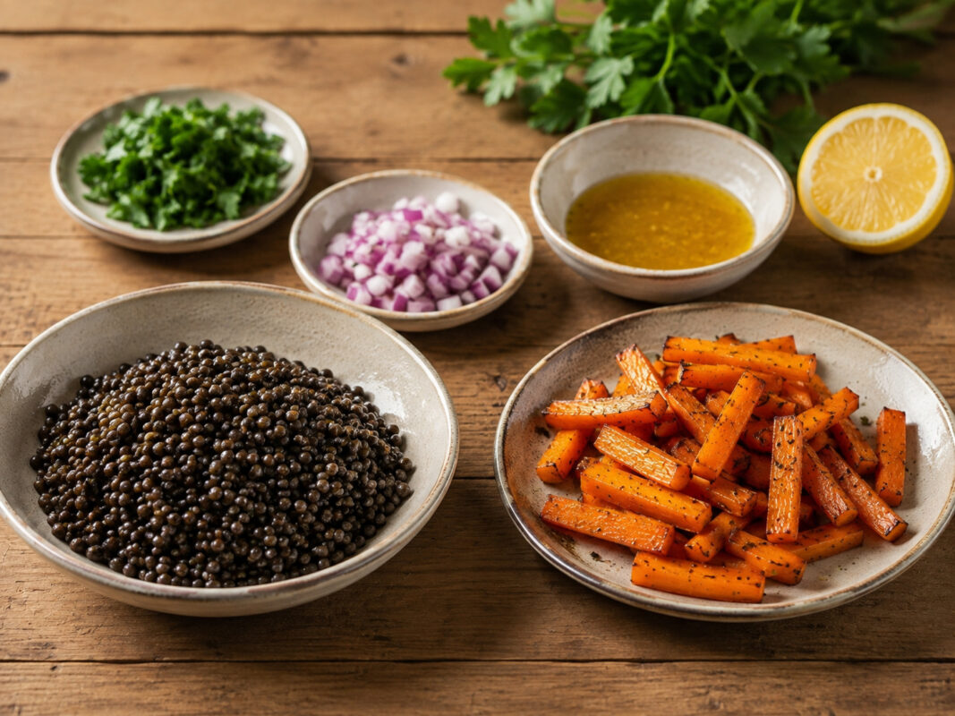 Zutaten- und Vorbereitungsansicht mit Belugalinsen, gerösteten Möhren, roter Zwiebel, Petersilie und Dressing.
