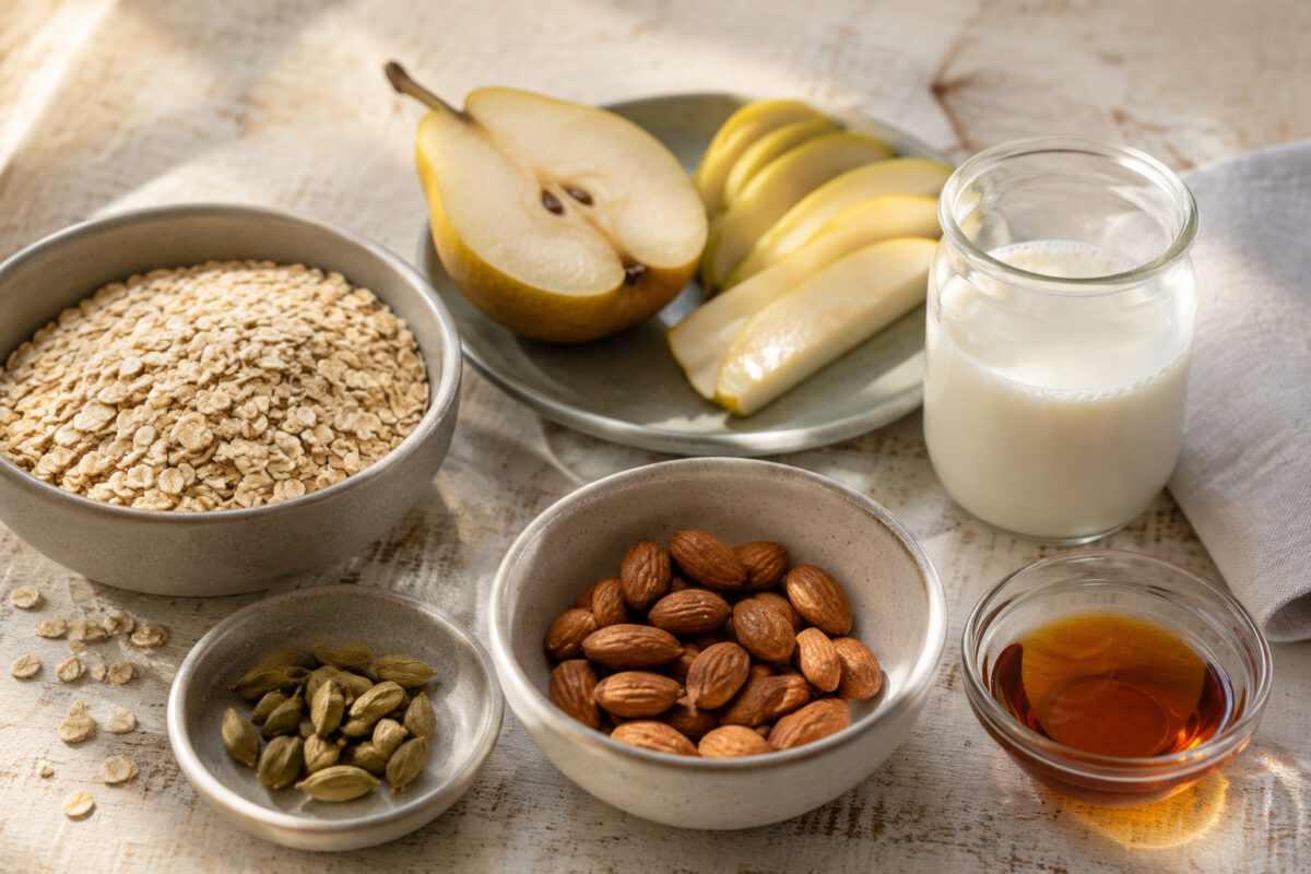 Zutaten- und Vorbereitungsansicht. Rezept: Birnen-Mandel-Porridge mit Kardamom