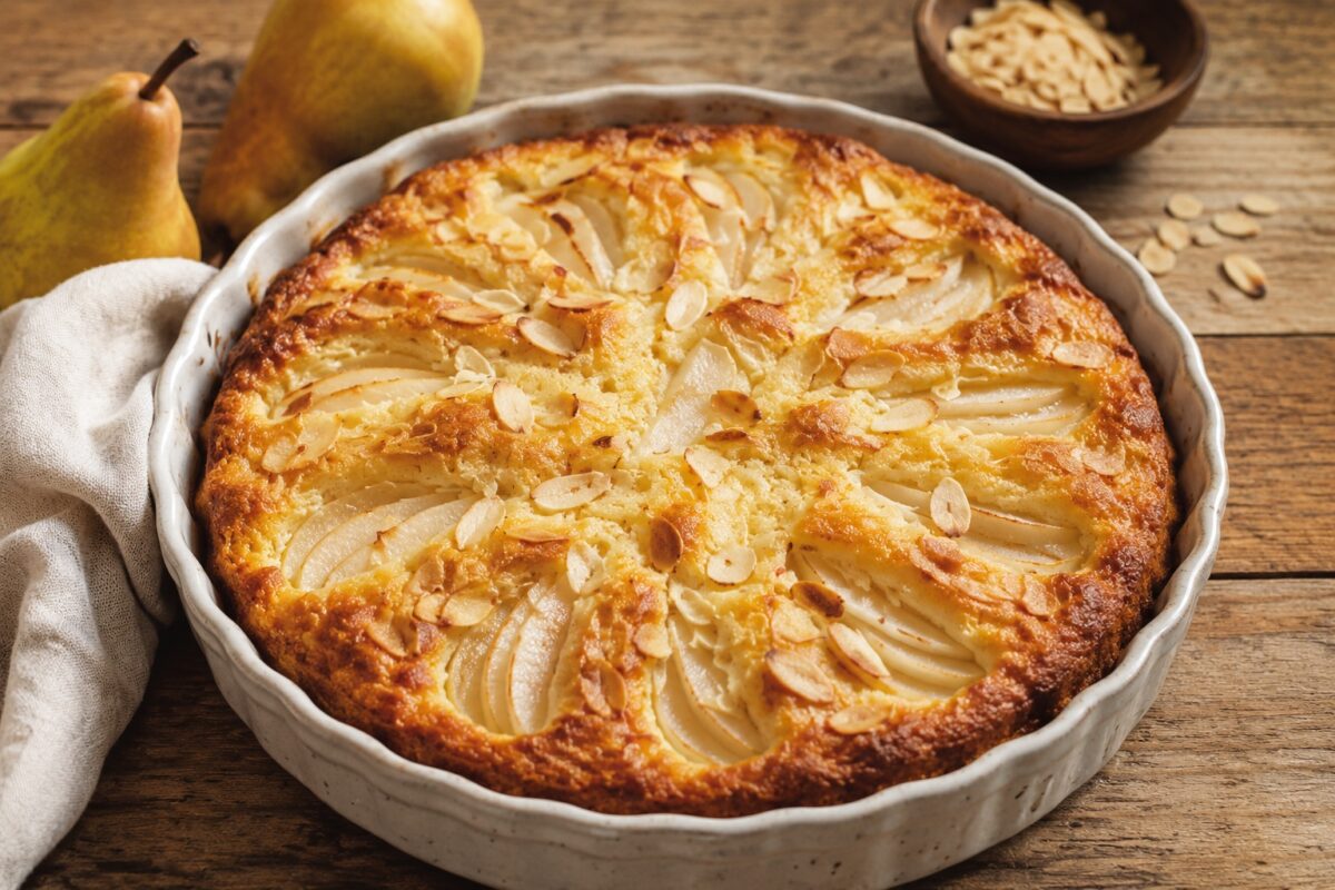 Runde helle Keramikform mit goldbraunem Birnen-Ricotta-Kuchen, belegt mit Birnenspalten und Mandelblättchen.