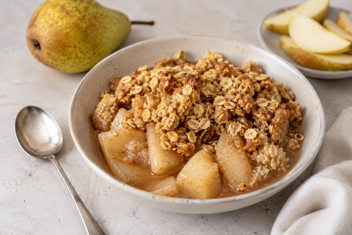 Dessertschale mit zartem Birnenkompott und großzügigem goldbraunem Hafer-Crumble.