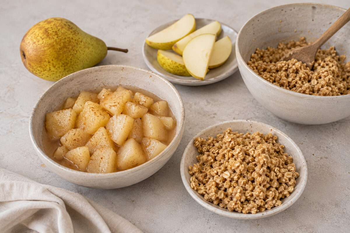 Zutaten- und Vorbereitungsansicht mit Birnenkompott, Birnenspalten und vorbereitetem Hafer-Crumble.