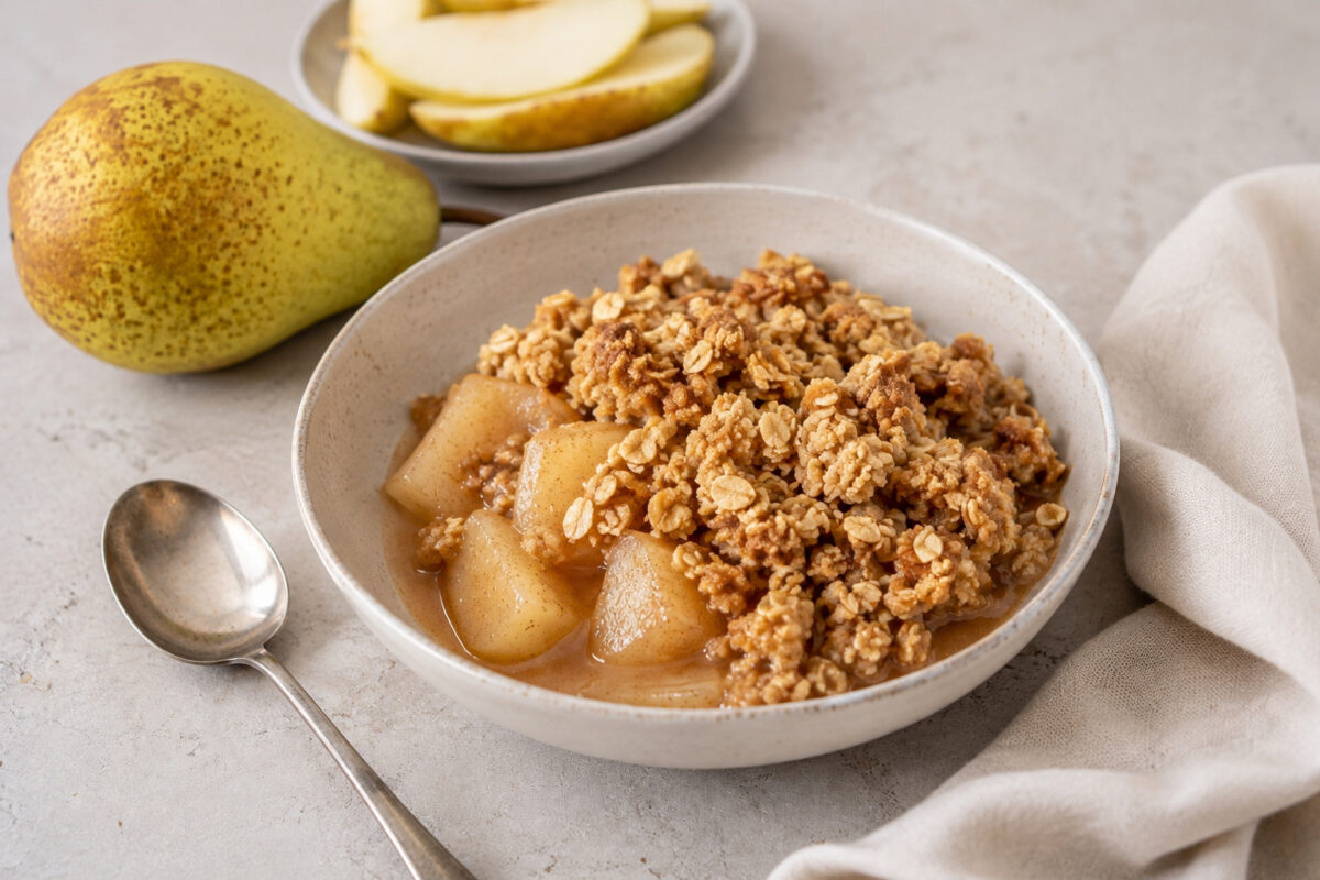 Fertiges Birnenkompott mit goldbraunem Hafer-Crumble aus alternativer Perspektive.