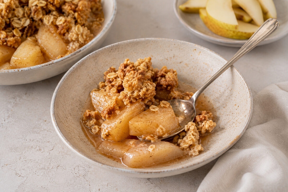 Servier- und Detailansicht von Birnenkompott mit Hafer-Crumble und Löffel.