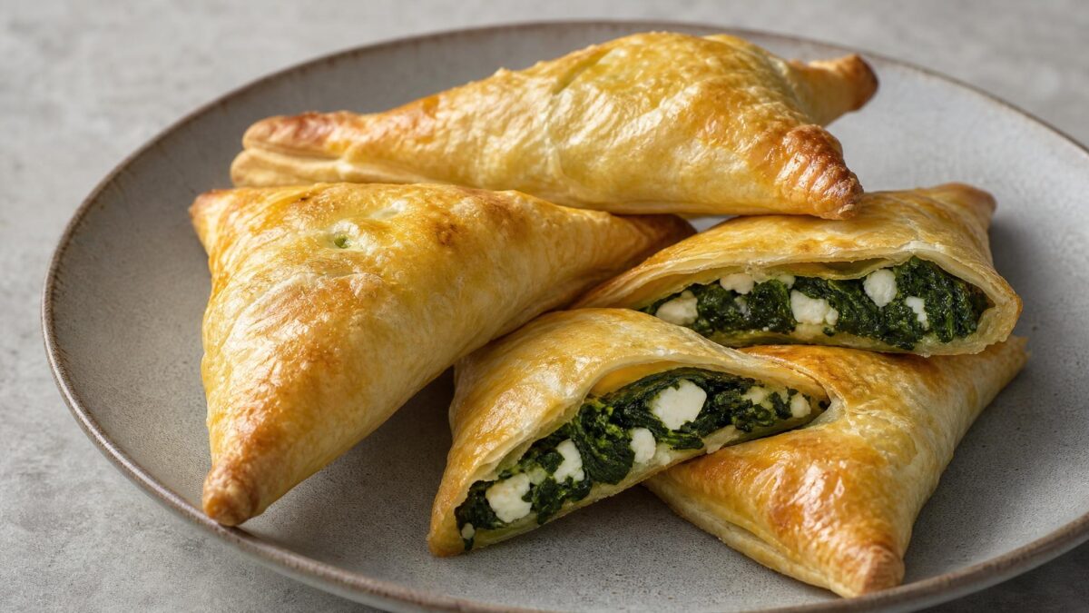 Hauptansicht des fertigen Gerichts. Rezept: Blätterteigtaschen mit Spinat und laktosefreiem Feta
