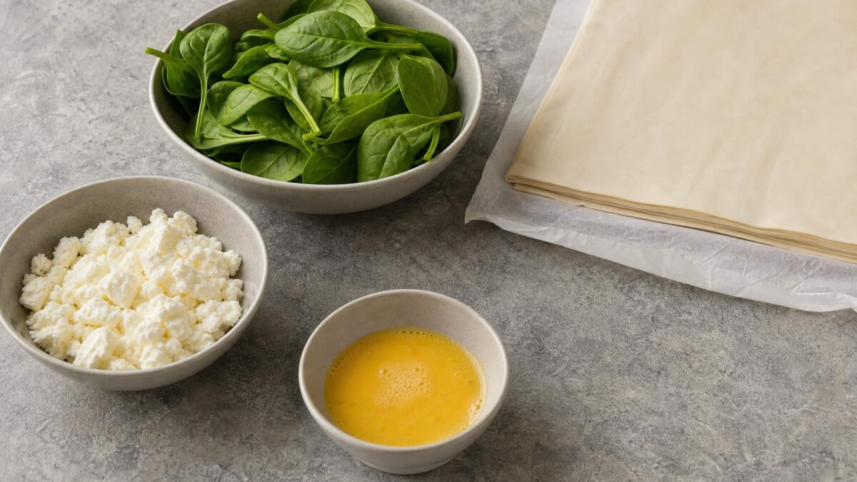 Zutaten- und Vorbereitungsansicht. Rezept: Blätterteigtaschen mit Spinat und laktosefreiem Feta