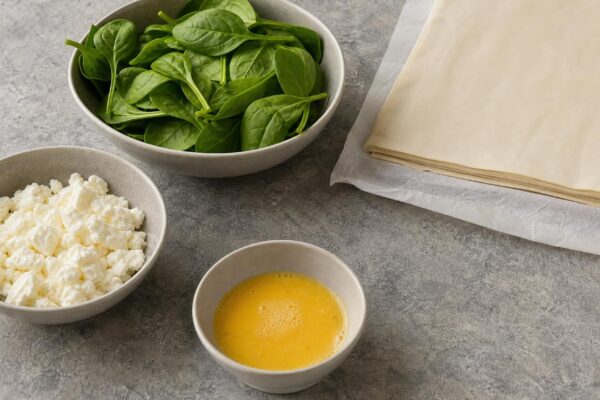 Zutaten- und Vorbereitungsansicht. Rezept: Blätterteigtaschen mit Spinat und laktosefreiem Feta