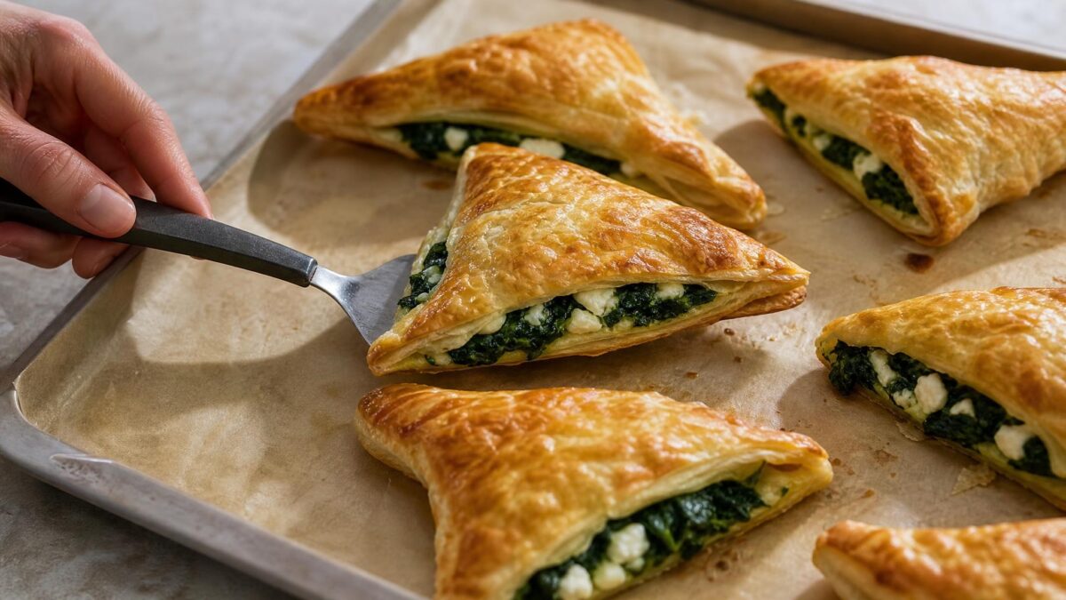 Servierszene mit dem fertigen Gericht. Rezept: Blätterteigtaschen mit Spinat und laktosefreiem Feta