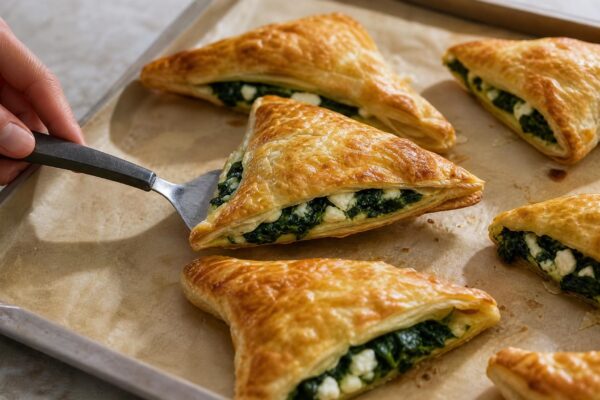 Servierszene mit dem fertigen Gericht. Rezept: Blätterteigtaschen mit Spinat und laktosefreiem Feta